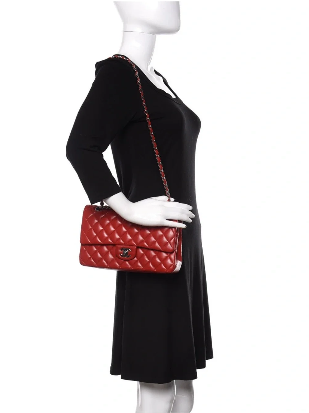 CHANEL Classic Quilted Lambskin Medium Double Flap Red Excellent Condition